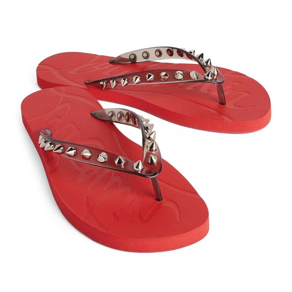 ❌SOLD❌🔥Christian Louboutin LOUBI FLIP SPIKES DONNA FLAT RUBB Red Bottom🔥❌SOLD❌
